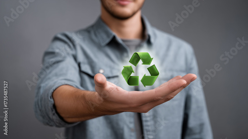 Young man holding hand out with floating green recycling symbol signifying sustainability and environmental consciousness in modern lifestyle choices