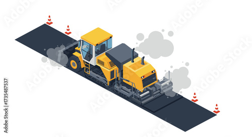 Isometric construction machinery on road with steam and safety cones