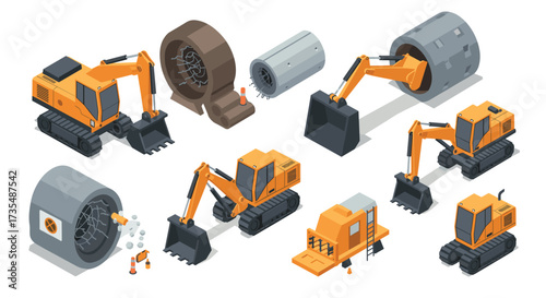 Isometric construction equipment set featuring excavators and concrete pipes