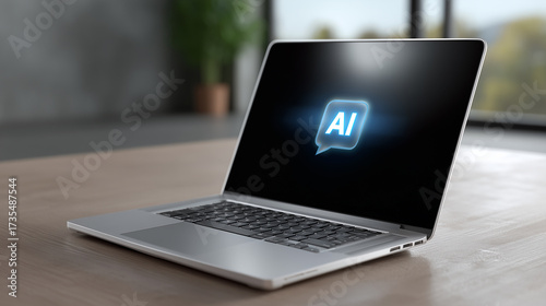 Modern laptop with AI symbol glowing on screen, showcasing advanced technology and digital communication concepts in a minimalist workspace environment