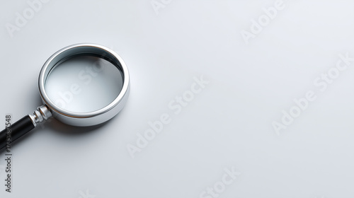 Close-Up of a Silver Magnifying Glass on a Smooth Gray Surface for Research, Investigation, and Exploration Purposes