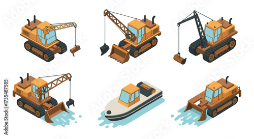 Isometric construction equipment and workboat illustrations
