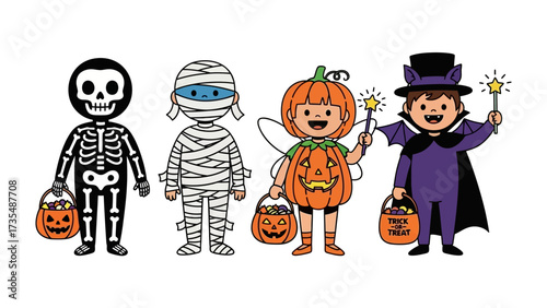 Happy Halloween: A whimsical illustration of children in creative costumes. Includes skeletons, mummy, pumpkin, and vampire, showcasing festive spirit and joy.
