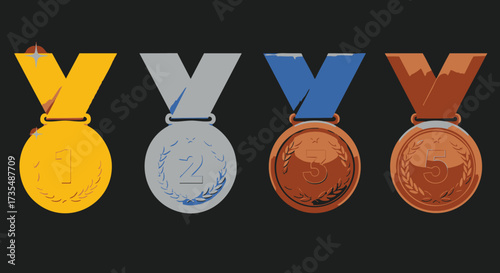 Set of four award medals gold, silver, bronze, and a fourth medal, representing victory and achievement in competitions