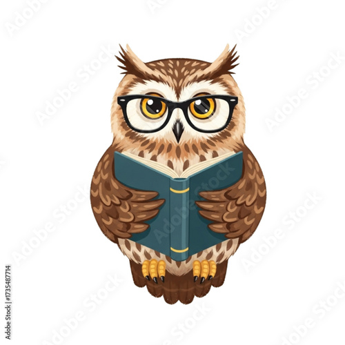Wise owl reading a book with glasses in a library, showcasing intelligence and knowledge with a whimsical charm.