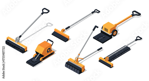 Isometric lawn sweepers and compactors modern equipment set for landscaping