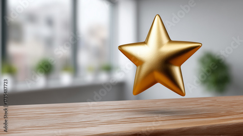 Golden star symbol floating above wooden table in modern interior space with blurred background and natural light highlighting creativity and success