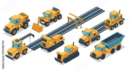 Construction vehicles in isometric style on a roadway with barriers
