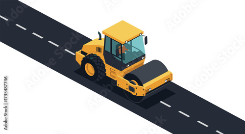 Isometric view of yellow road roller on asphalt road