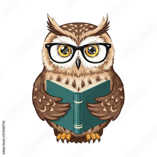 Cartoon owl reading a book with glasses on white background, showcasing intelligence and wisdom in a playful and educational manner.