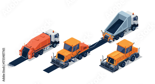 Isometric construction trucks dump, road sweeper, road paver vehicles