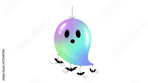 Hallowen Ghost Decoration: A whimsical illustration of a spectral ghost adorned with spooky bat decorations, captured in a vibrant, artistic style.