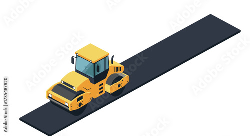 Isometric yellow road roller on freshly laid asphalt path