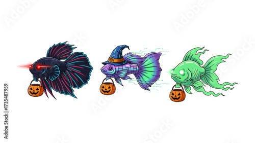 Haunting Halloween Fish Trio: A vibrant artistic rendering presents three eerie fish, each adorned with spooky embellishments and carrying a miniature pumpkin.