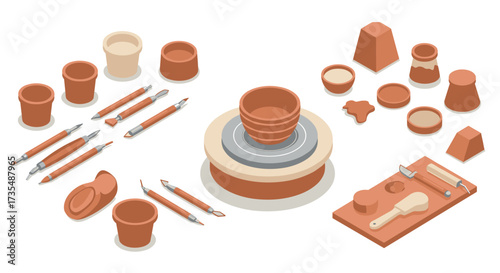 Isometric pottery tools and clay wheel setup for craft enthusiasts
