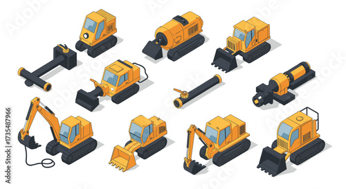 Isometric heavy construction machinery set with excavators and bulldozers