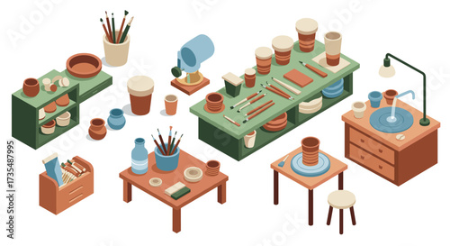 Isometric pottery studio with clay tools and shelves
