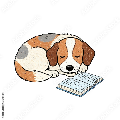 Sleeping beagle curled up next to an open book on a white surface, suggesting a peaceful and intellectual atmosphere.