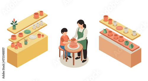 Pottery workshop scene with diverse ceramic creations and instructional guidance