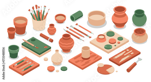 Creative pottery tools and supplies in modern isometric art style