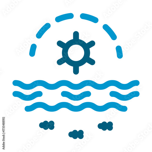 ocean sun line icon vector showing sunrise or sunset over waves for marine themes.
