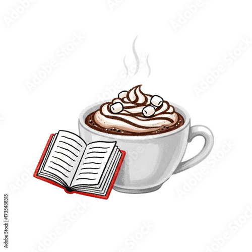 Steaming mug of hot chocolate with marshmallows sits beside an open book, creating a cozy and inviting atmosphere for relaxation and reading pleasure.