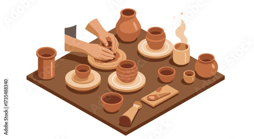 Crafting pottery hands shaping clay with rustic ceramic pieces on table