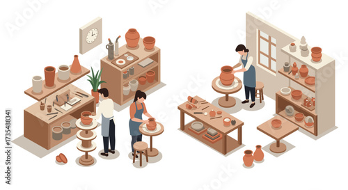 Creative pottery workshop with people crafting clay in isometric style