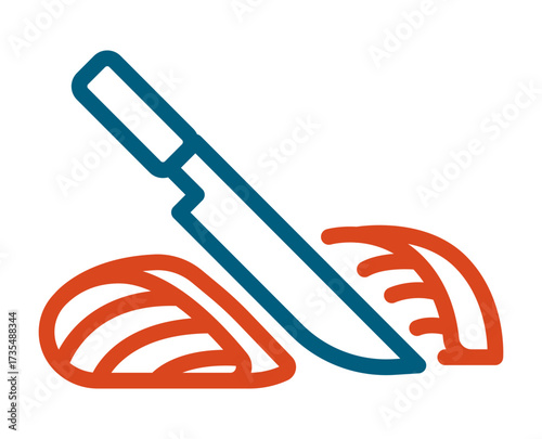 Japanese knife with salmon slice line icon vector representing sushi preparation and seafood cutting.