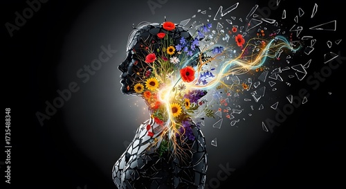 Conceptual Illustration of Human Mental Breakthrough with Flowers, Light, and Shattered Glass
