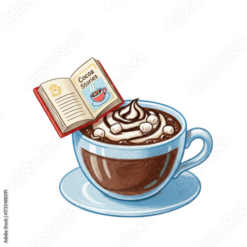 Hot cocoa cup sits on saucer with whipped cream and marshmallows, next to a tiny book of cocoa stories, creating a cozy and inviting scene.