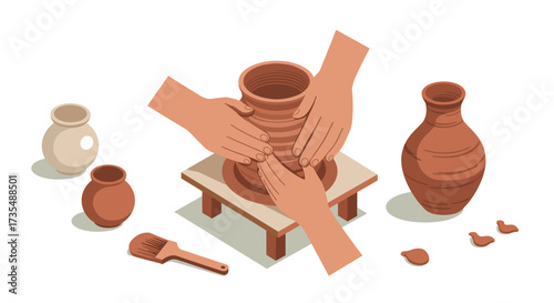 Crafting clay pottery with teamwork on wheel in isometric design