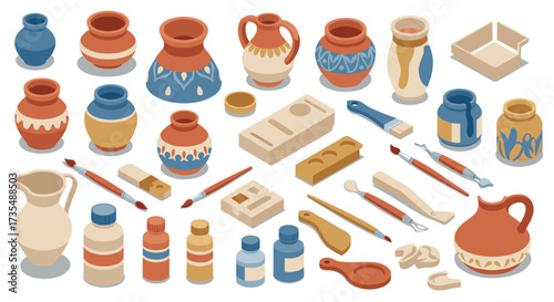 Isometric pottery and art supplies crafting tools and vessels in earthy tones