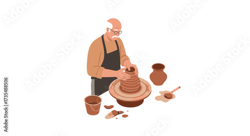 Elderly potter crafting clay pots on wheel in isometric style