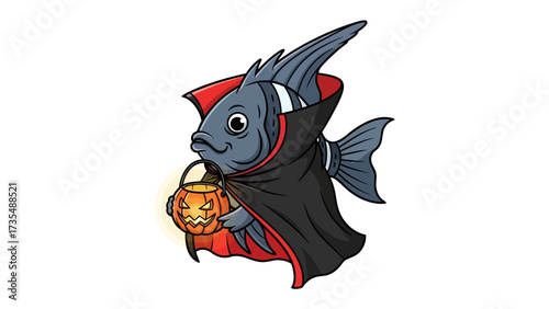 Spooky Seas: A whimsical illustration of a fish dressed in a Halloween costume. The aquatic creature sports a cape and carries a jack-o'-lantern bucket.