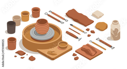 Isometric pottery tools and clay set for creative ceramic crafting projects