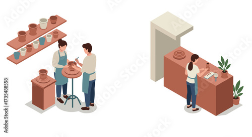 Isometric pottery workshop scene with people crafting and displaying ceramic art pieces
