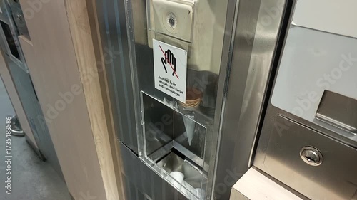 Close-up video of a hand operating an automatic soft serve ice cream machine, dispensing vanilla ice cream into a cone.