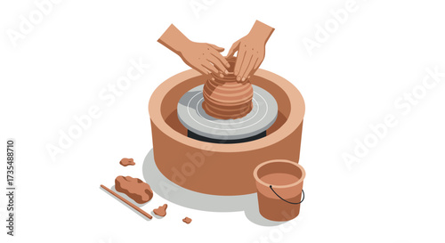 Isometric pottery scene with hands shaping clay on wheel