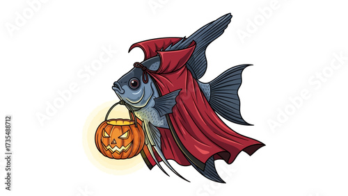Spooky Fish: A charming illustration of an angel fish dressed in a vampire costume holding a lit jack-o'-lantern, perfect for Halloween!