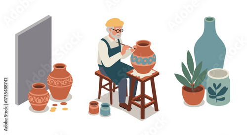 Elderly potter crafting ceramics in isometric art style workshop scene