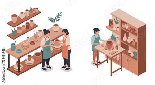 Isometric pottery workshop with people crafting ceramics in a studio setting