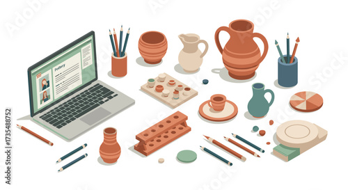 Isometric pottery workspace with laptop and crafting tools for art enthusiasts