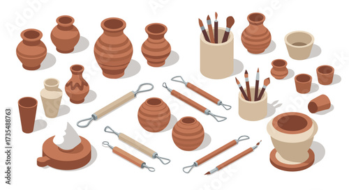 Isometric pottery set with clay vases, sculpting tools, and brushes