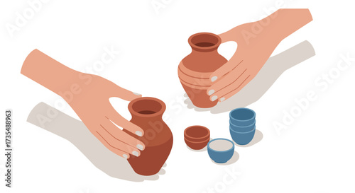 Elegant pottery arrangement with hands modern isometric design