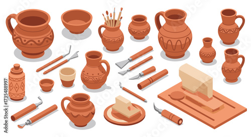 Isometric pottery and sculpting tools collection for creative crafting projects