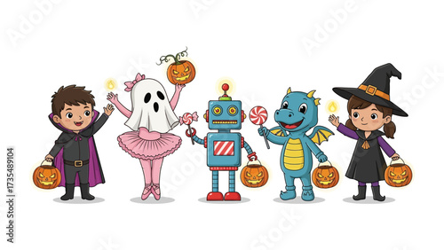 Halloween Fantasy: A whimsical illustration of costumed children eagerly embrace the thrill of Halloween, ready for trick-or-treating adventure.