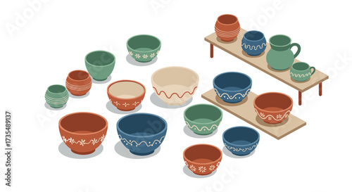 Rustic ceramic pottery collection with decorative patterns in a minimalistic flat design