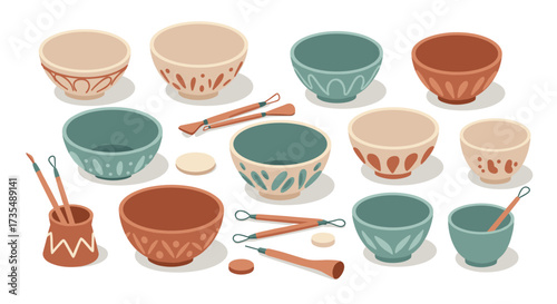Colorful ceramic pottery tools and bowls with a flat modern design for creative arts