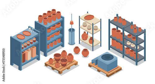 Isometric pottery workshop shelves with clay vessels and tools in minimalist style